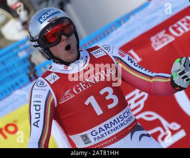Garmisch Partenkirchen, Deutschland. Januar 2020. Ski Alpin: Weltcup, Abfahrt trainieren, Männer. Thomas Dressen aus Deutschland reagiert im Ziel. Credit: Stephan Jansen / dpa / Alamy Live News Stockfoto