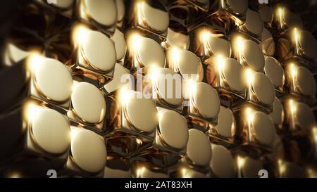 Abstraktes 3D-Rendering der Oberfläche goldener, quadratischer Zylinderblöcke. Futuristischer Hintergrund mit extrudierten Zylindern. Hohe Auflösung: 8 k Stockfoto