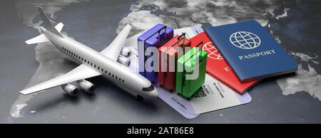 Air Travel Konzept, Koffer und Bordkarte. Zwei Pässe und Flugtickets auf Erdglobus-Kartenhintergrund, Banner. 3D-Abbildung Stockfoto