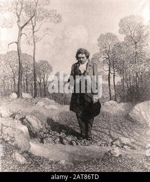 Ludwig Van Beethoven Vorderansicht des Menschen tief im Gedanken, mit Hut in der Hand stehend, am Ufer des Baches in der Nähe kleiner Wasserfälle - Druck 1918 Stockfoto