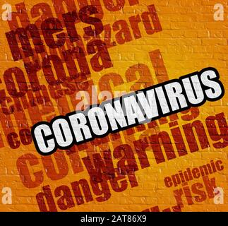 Medizinkonzept: Coronavirus an gelber Ziegelwand . Coronavirus - auf Brickwall mit Word Cloud Around. Stockfoto