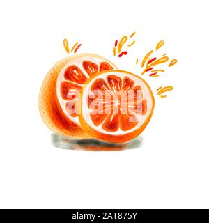 Aquarellbild von zwei Hälften einer Orange mit Splitt an Saft Stockfoto