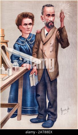 Marie und Pierre Curie, die Radiumchlorid isolieren, karikieren Porträts von Julius Mendes Price, 1904/05 Stockfoto