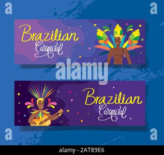 Set mit Plakat Karneval brasilien mit Dekoration Stock Vektor