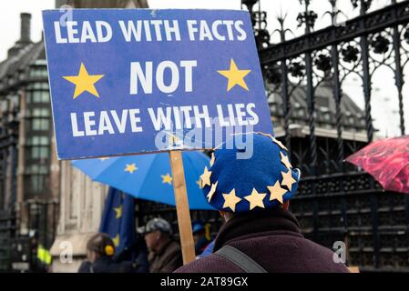 Ein EU-Befürworter, der ein Plakat hält, das lautet: Führen Sie mit Fakten, die nicht mit Lügen hinterlassen werden, während der Demonstration.'Remin'-Anhänger versammelten sich am Eingang zum Haus des Parlaments, das verlangt, wieder der Europäischen Union beizutreten. Großbritannien wird die Europäische Union am 31. Januar um 23 Uhr verlassen und wird nicht mehr Mitglied des Blocks sein. Stockfoto