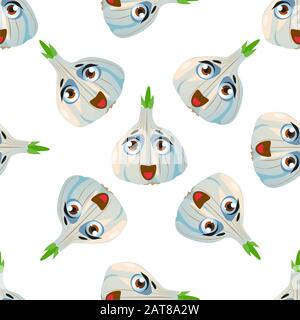 Süßes, nahtloses Muster mit Zeichentrick-Emoji Knoblauch Stock Vektor
