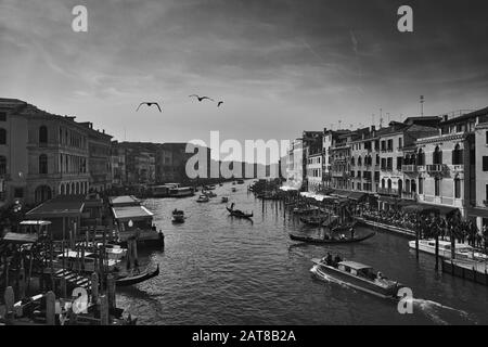 Venedig, ITALIEN - 20. Februar 2019: Ein Graustufenschuss des Canal Grande in Venedig, Italien Stockfoto