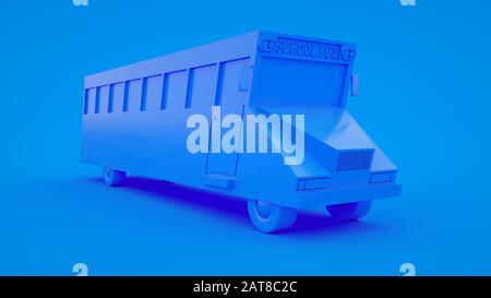 Niedliche Cartoon Low Poly Schulbus 3d Rendering, geometrische Szene auf blauem Pastellhintergrund. Stockfoto