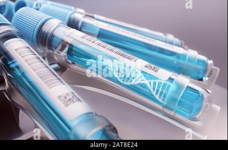 DNA-Molekül, das sich im Reagenzglas bildet. 3D-Illustration, konzeptionelles Bild von Wissenschaft und Technologie. Stockfoto