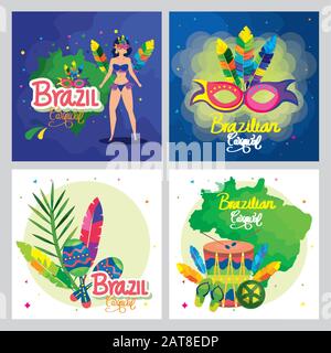Set mit Plakat Karneval brasilien mit Dekoration Stock Vektor