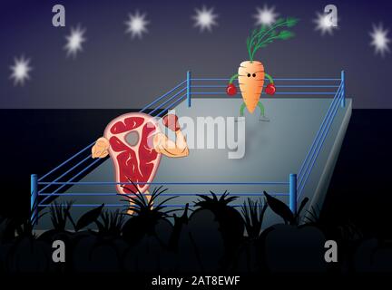 Darstellung von Gemüse gegen Fleisch auf einem Kampfring, Konzept der richtigen Ernährung im Vergleich zur falschen Ernährung, vegan Stock Vektor