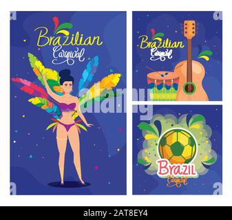 Set mit Plakat Karneval brasilien mit Dekoration Stock Vektor