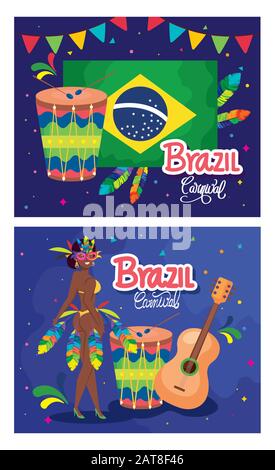 Set mit Plakat Karneval brasilien mit Dekoration Stock Vektor