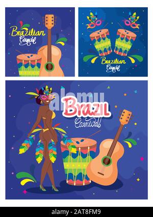 Set mit Plakat Karneval brasilien mit Dekoration Stock Vektor