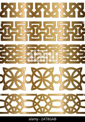 Satz goldener geometrischer nahtloser Rahmen. Dekorative Designelemente. Vektorgrafiken. Stock Vektor