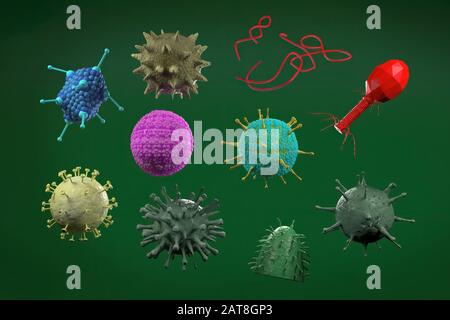 3D-Abbildung, Nahaufnahme des Mikroskopvirus - Influenzal, Bakteriophage, Adoeno, Hepatitis B, Ebola und Tollwut-Virus Stockfoto