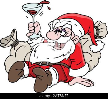 Cartoon betrunken Santa Claus auf seinen Säcken voller Geschenke trinken Wein Vektor Illustration Stock Vektor