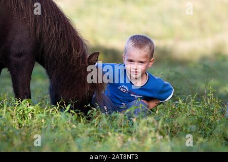 Junge mit Falabella Pony, Normandie Stockfoto