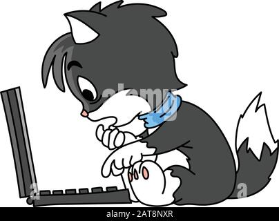 Cartoon-Katze, die am Computer sitzt und versucht, eine Fehlervektor-Illustration zu lösen Stock Vektor