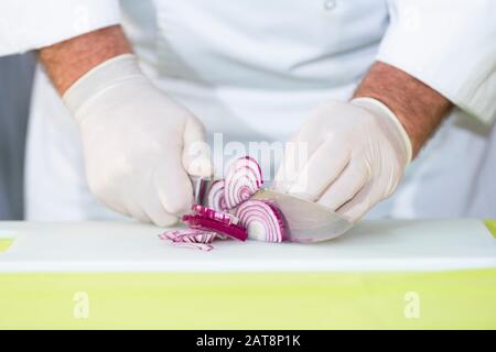 Koch mit Handschuhen, der eine köstliche frische rote Zwiebel in Scheiben auf einem Schneidebrett schneidet. Kochkonzept. Stockfoto