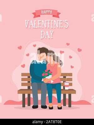 Grußkarte zum Valentinstag. Liebevolles Paar sitzt auf der Bank. Niedliche Vektorgrafiken in flachem Stil. Stock Vektor