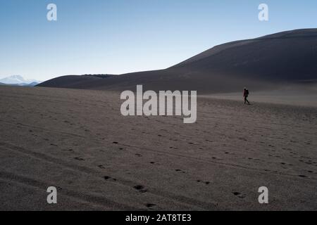 Frau steigt zum Weihnachtskrater im Vulkan Lonquimay auf. Malalcahuello-Nalcas National Reserve. Region Araucania. Chile. Stockfoto