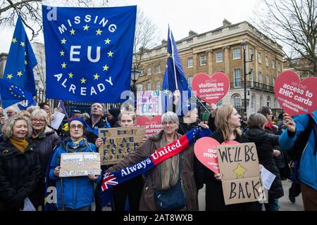 London, Großbritannien. Januar 2020. Julie Ward (c), Labour-Abgeordnete für Nordwestengland bis Mitternacht, schließt sich Pro-EU-Aktivisten für einen Festzug von außerhalb der Downing Street zum Europahaus, dem Standort der Europäischen Kommission in London, anlässlich Des Brexit Day an. Credit: Mark Kerrison/Alamy Live News Stockfoto