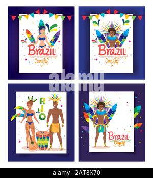 Set mit Plakat Karneval brasilien mit Dekoration Stock Vektor
