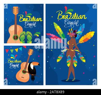 Set mit Plakat Karneval brasilien mit Dekoration Stock Vektor
