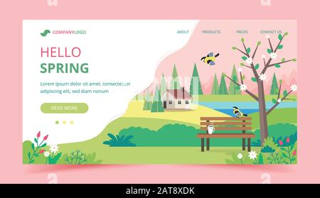 Hallo Spring Landing Page Designvorlage. Landschaft mit Bank, Häusern, Feldern und Natur. Niedliche Vektorgrafiken in flachem Stil Stock Vektor