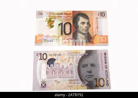 Zwei Scottish Ten Pound Notes - Bank of Scotland Und Clydesdale Bank, die Robert Burns und Sir Walter Scott darstellen Stockfoto