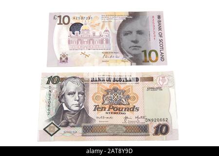 New Polymer Bank of Scotland Ten Pound Note eingeführt 2017 und Old 1995 Bank of Scotland Terzentary Ten Pound Note Stockfoto