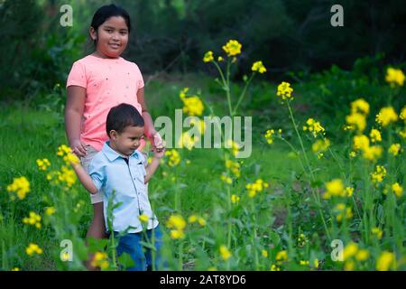 Eine große Schwester hilft ihrem kleinen Bruder, durch einen Naturpfad voller gelber Wildblumen zu gehen. Stockfoto