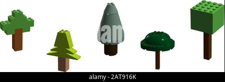 Vector Concept Tree Crown Collection - Isolated Isometric 3D Pixel Art Like Design Stock Vektor