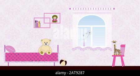 Kinderzimmer Interior für Baby Girl - gemütliche Atmosphäre von Kindergarten - Vektor-Illustration in rosa Tönen Stock Vektor