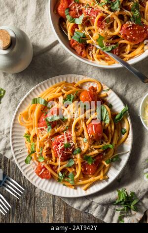 Hausgemachte Bucatini alle Amatriciana Pasta mit Tomato und Basil Stockfoto