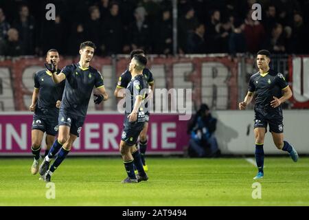 Almere, 31-01-2020, Yanmar-Stadion, Saison 2019 / 2020, Dutch Football Keuken Kampioen Divisie. Telstar feiert 0-1 im Spiel Almere City - Telstar Stockfoto