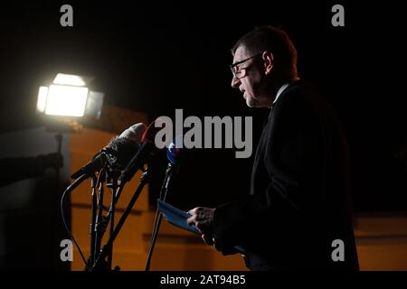 Der tschechische Premierminister Andrej Babis (ANO) spricht nach seinem regelmäßigen Treffen mit Präsident Milos Zeman im lany Presidential Chateau, Tschechien, am 31. Januar 2020 vor Journalisten. (CTK Foto/Ondrej Deml) Stockfoto