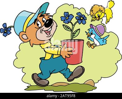 Cartoon-Bär mit einem Blumentopf voller blauer Blumen Vektorgrafiken Stock Vektor