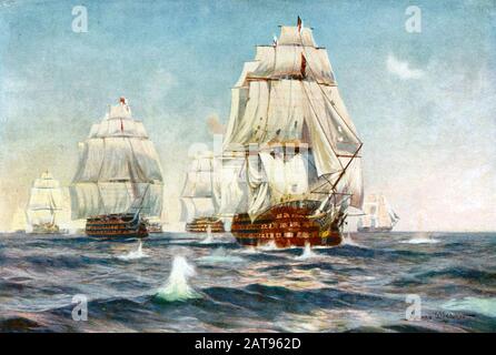 SCHLACHT VON TRAFALGAR 21. OKTOBER 1805. Nelsons Schiff "HMS Victory" brachte den Feind in einer Illustration für The Boys Own Paper aus den 1930er Jahren zum Einsatz. Stockfoto