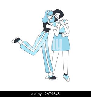 Zwei umarmende Mädchen Vektor-Cartoon-Illustration. Frauenfreundschaften, lächelnde junge Leute isolierten Linearfiguren in Blau. Das Grußkonzept "Best Friends Friends" wurde auf weißem Hintergrund isoliert Stock Vektor