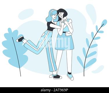 Zwei lächelnde Mädchen umarmen Vektor Cartoon Illustration.Woman Freundschaft, gute Laune, positive Emotionen isolierte Linearfiguren in blau.Female Freunde Grußkonzept isoliert auf weißem Hintergrund Stock Vektor