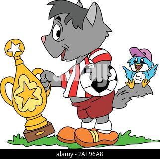 Ein Cartoon-Fußballspieler graue Katze, der einen Champions Cup in seinen Händen hält Vektorgrafiken Stock Vektor