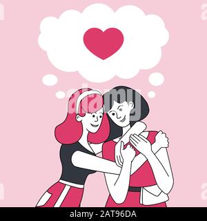 Zwei lächelnde und umarmende Mädchen und Sprechblase mit Herzo-Banner-Designvorlage.Freundschaft, gute Laune, positive Emotionen Vektor-Cartoon-Illustration.Female Friends Charaktere auf pinkfarbenem Hintergrund Stock Vektor