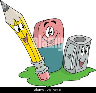 Ein Cartoon-Bleistift, Radierer und eine schärfere lächelnde Vektorillustration Stock Vektor