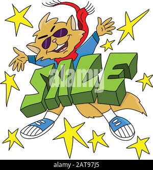 Cartoon Katzen-Charakter mit Sonnenbrille und einer Sale Text Vektor-Illustration Stock Vektor