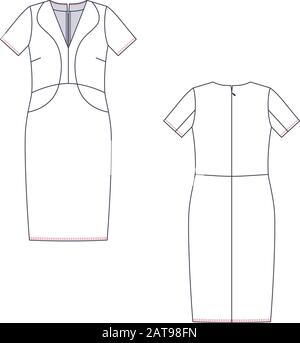 Technische Skizze der Vektormode von Frauen Mittelsundress. Stock Vektor
