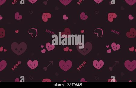 Nahtloses, romantisches Muster mit niedlichen Herzen mit Emoji-Gesichtern und Pfeilen in Rot- und Pink-Tönen. Ideal für Hintergründe, Kulissen und Banner. Stock Vektor