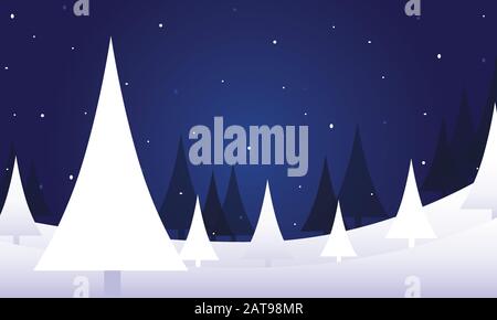 Szenenbild mit blauem Himmel, großem weißen Baum im Vordergrund und kleineren weißen Bäumen und Schatten im Hintergrund. Stock Vektor