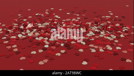 3D-Rendern eines Haufens von roten und cremefarbenen Liebesherzen, die auf dem Boden eines roten Hintergrunds verstreut sind Stockfoto